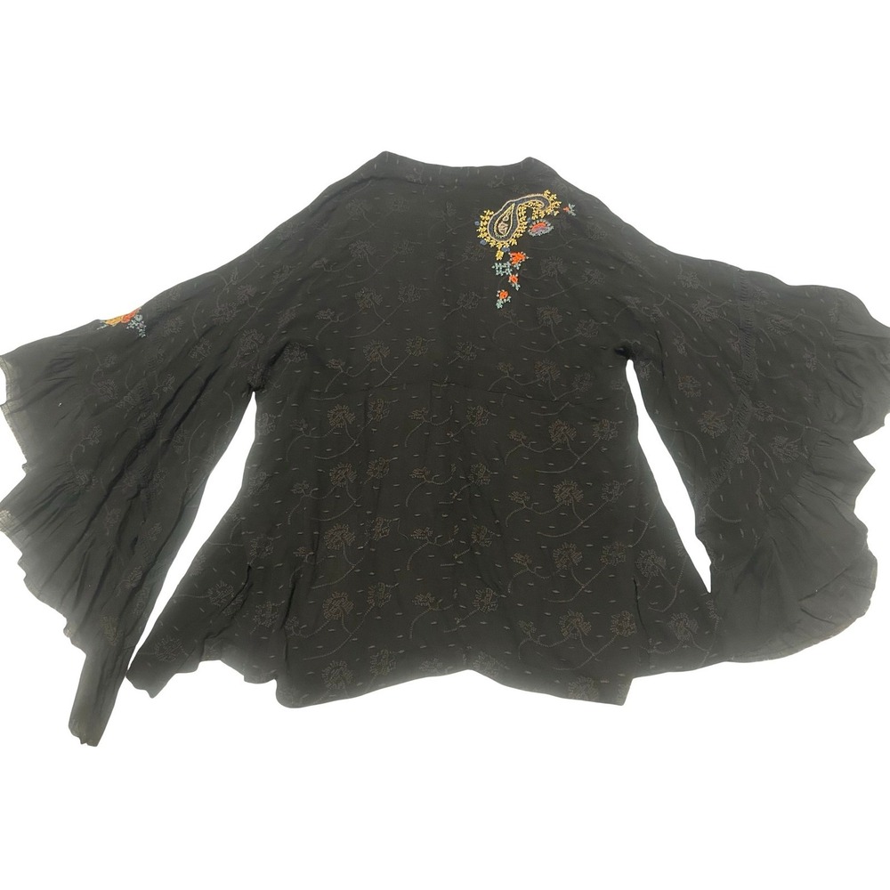 Free People Embroidered Paisley Kimono Cardigan Ruffle Bell Sleeve Black XS/S - Picture 4 of 9